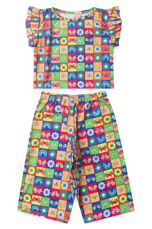 Conjunto Pantalona Colorido Bordô em Bordô com estampa multicolorida