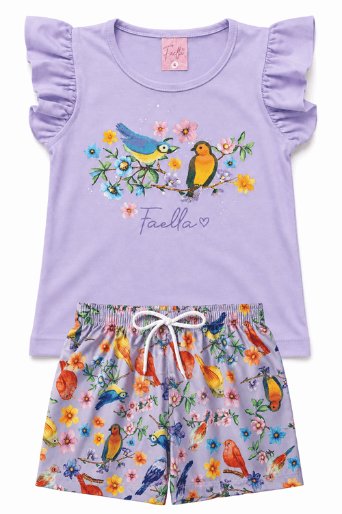 Conjunto Pássaros Lilás em Lilás com flores coloridas
