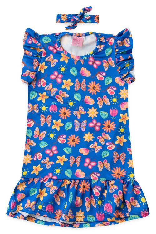 Vestido Flores e Borboletas Azul em Azul com estampa colorida